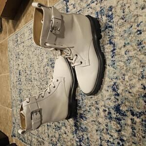 Stuart Weitzman Ultra Lug Buckle Combat Boots in White, Size 7.5B